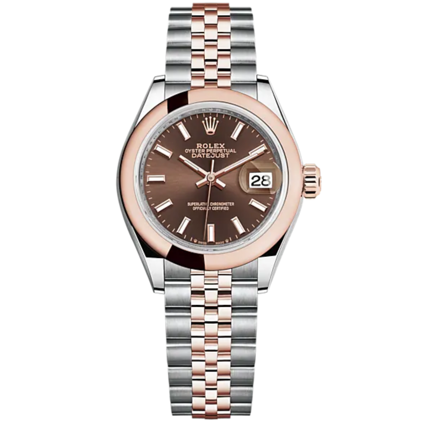 Lady-DateJust 28mm Oystersteel Jubilee Bracelet and Everose Gold with Chocolate Dial Domed Bezel