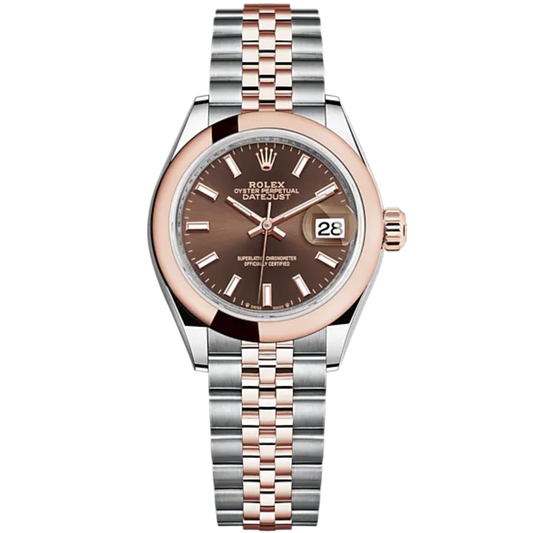 Lady-DateJust 28mm Oystersteel Jubilee Bracelet and Everose Gold with Chocolate Dial Domed Bezel