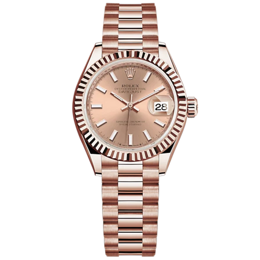 Lady-DateJust 28mm President Bracelet and 18 KT Everose Gold with Rosé-Colour Dial Fluted Bezel