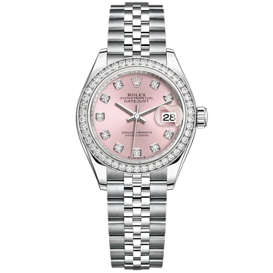 Lady-DateJust 28mm Oystersteel Jubilee Bracelet and White Gold with Pink Dial Diamond-Set Dial Diamond-Set Bezel
