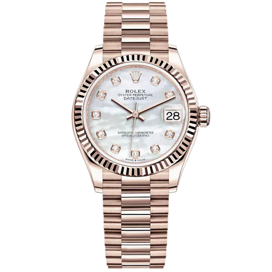 Datejust 31 31mm President Bracelet and 18 CT Everose Gold with White Mother-Of-Pearl Diamond-Set Fluted Bezel