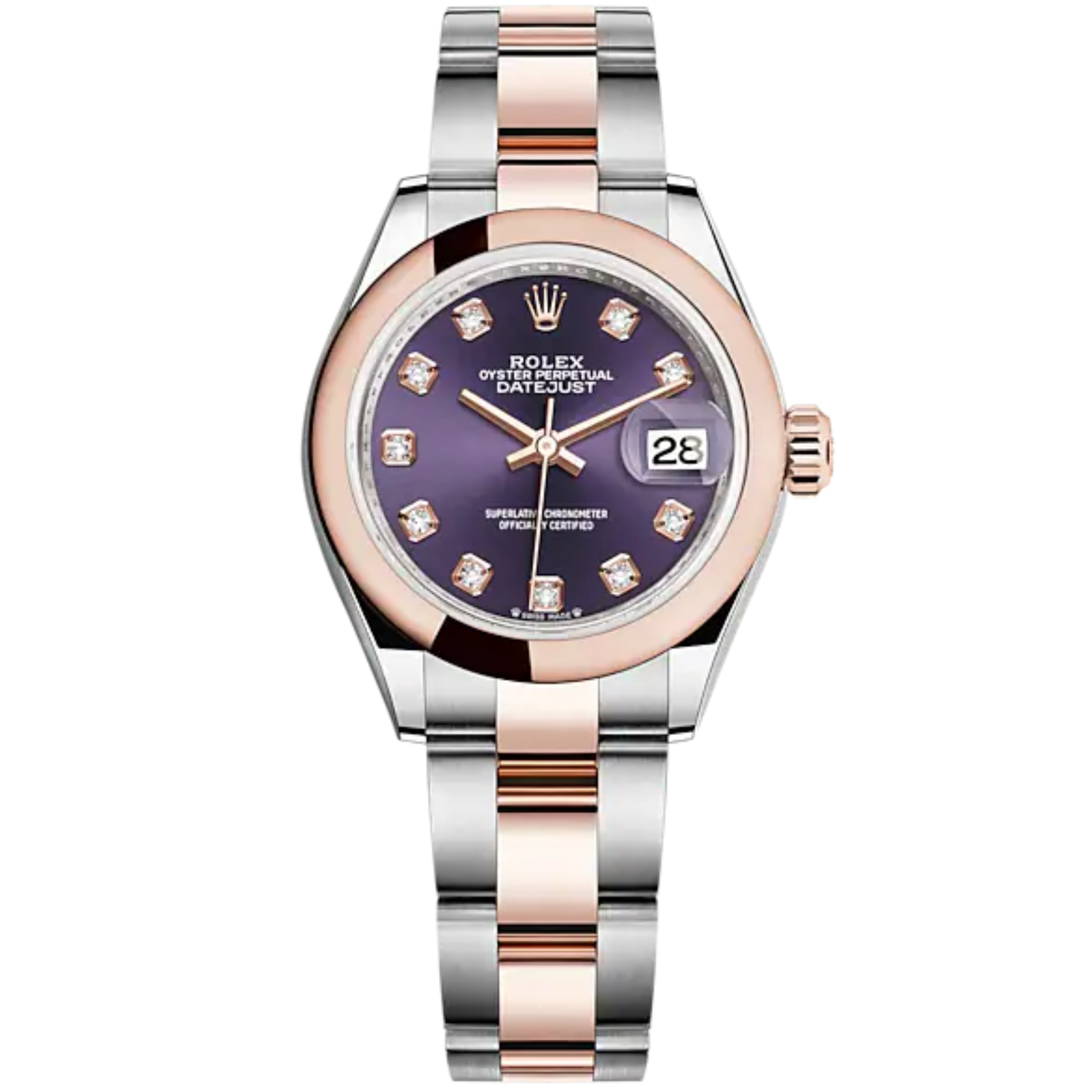 Lady-DateJust 28mm Oyster Oystersteel Bracelet and Everose Gold with Aubergine Dial Diamond-Set Dial Domed Bezel