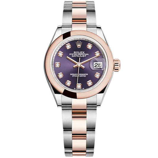Lady-DateJust 28mm Oyster Oystersteel Bracelet and Everose Gold with Aubergine Dial Diamond-Set Dial Domed Bezel