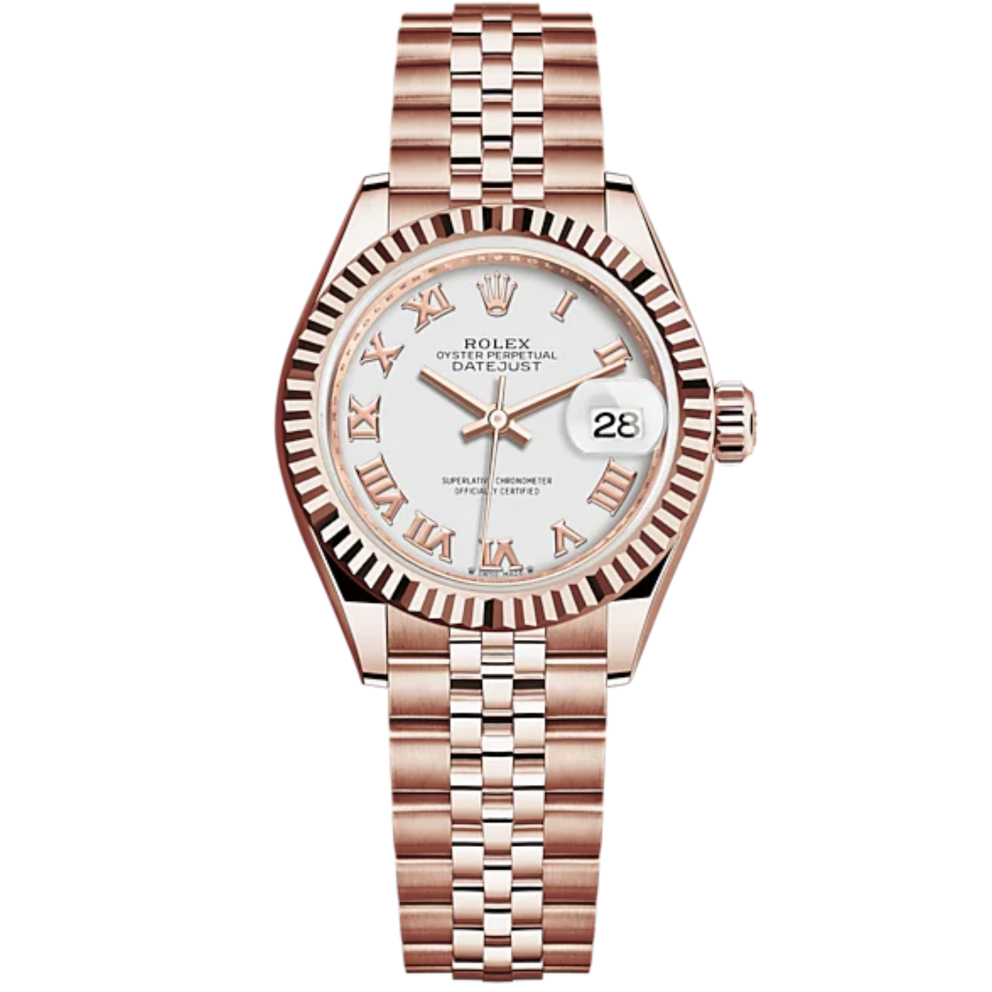 Lady-DateJust 28mm Jubilee Bracelet and 18 KT Everose Gold with White Dial Fluted Bezel