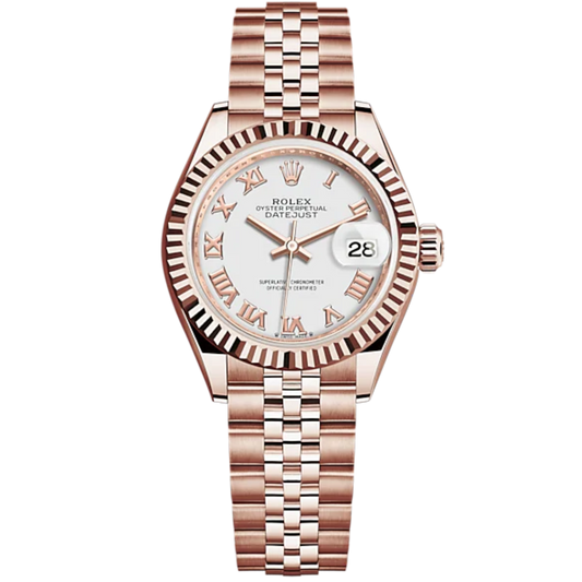 Lady-DateJust 28mm Jubilee Bracelet and 18 KT Everose Gold with White Dial Fluted Bezel
