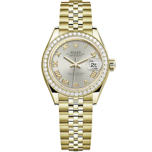 Lady-DateJust 28mm Jubilee Bracelet and 18 KT Yellow Gold with Silver Roman Dial Diamond-Set Bezel