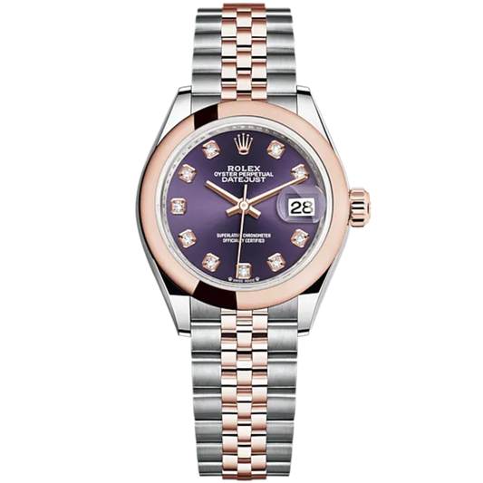Lady-DateJust 28mm Oystersteel Jubilee Bracelet and Everose Gold with Aubergine Dial Diamond-Set Dial Domed Bezel