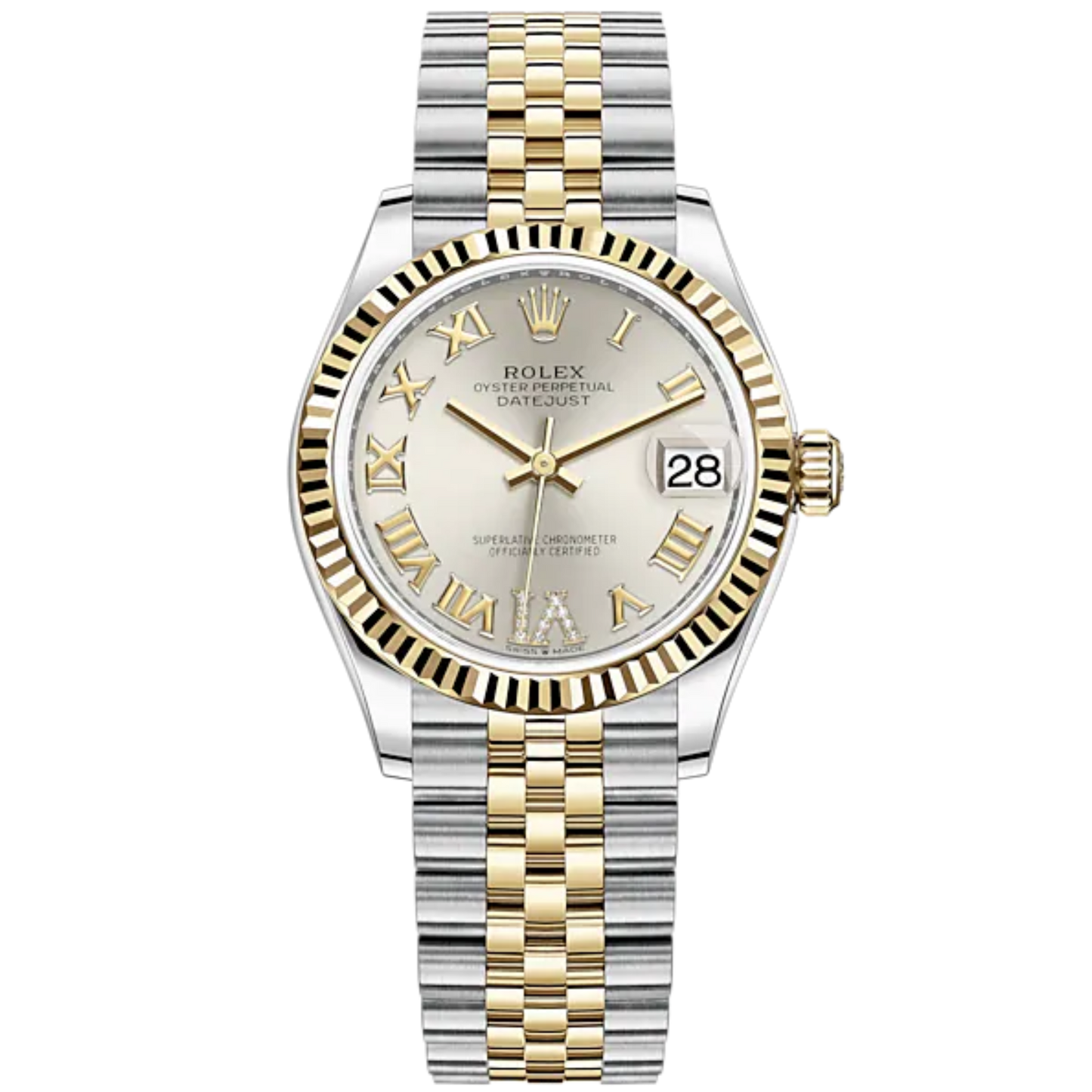 Datejust 31 31mm Jubilee Bracelet Oystersteel and Yellow Gold with Silver Diamond Dial Fluted Bezel