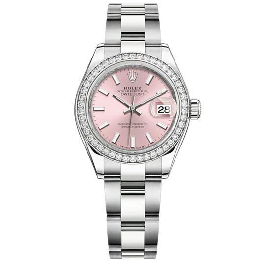 Lady-DateJust 28mm Oyster Oystersteel Bracelet and White Gold with Pink Dial Diamond-Set Bezel