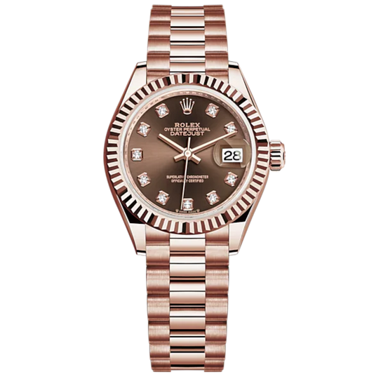 Lady-DateJust 28mm President Bracelet and 18 KT Everose Gold with Chocolate Dial Diamond-Set Dial Fluted Bezel