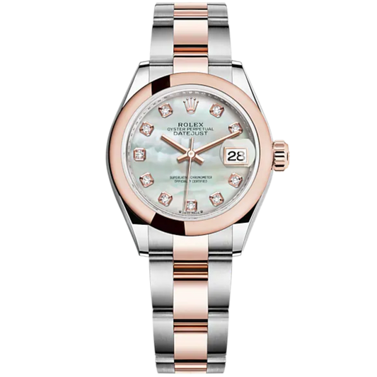 Lady-DateJust 28mm Oyster Oystersteel Bracelet and Everose Gold with White Mother-of-Pearl Dial Diamond-Set Dial Domed Bezel