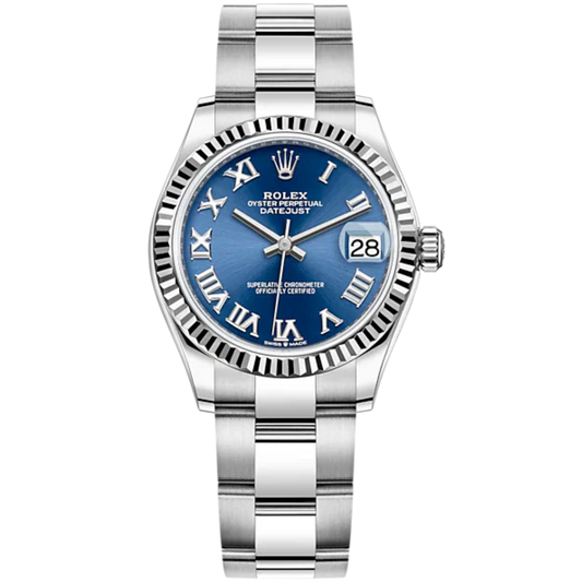Datejust 31 31mm Oyster Bracelet Oystersteel and White Gold with Bright Blue Dial Fluted Bezel