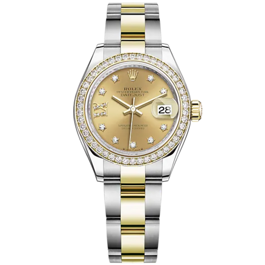 Lady-DateJust 28mm Oyster Oystersteel Bracelet and Yellow Gold with Champagne-Colour Dial Diamond-Set Dial Diamond-Set Bezel