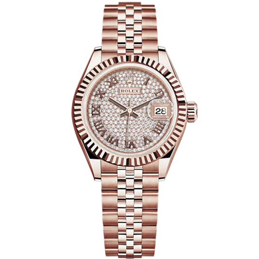 Lady-DateJust 28mm Jubilee Bracelet and 18 KT Everose Gold with Diamond-Paved Dial Fluted Bezel