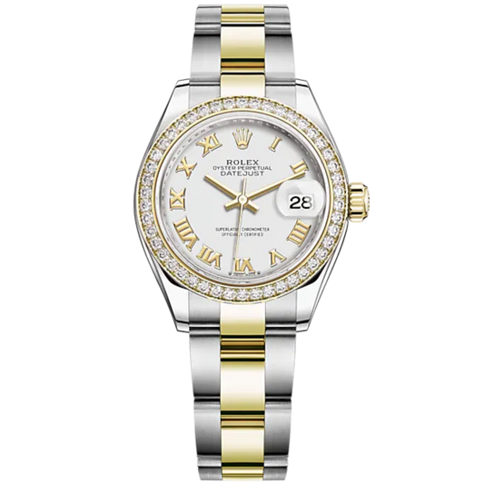 Lady-DateJust 28mm Oyster Oystersteel Bracelet and Yellow Gold with White Dial Diamond-Set Bezel