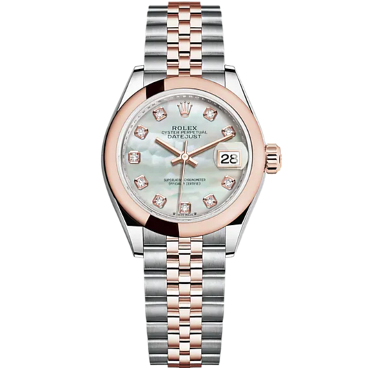 Lady-DateJust 28mm Oystersteel Jubilee Bracelet and Everose Gold with White Mother-of-Pearl Dial Diamond-Set Dial Domed Bezel