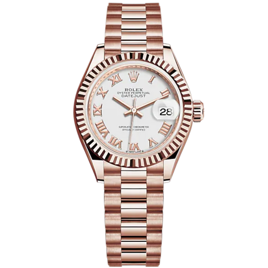 Lady-DateJust 28mm President Bracelet and 18 KT Everose Gold with White Dial Fluted Bezel