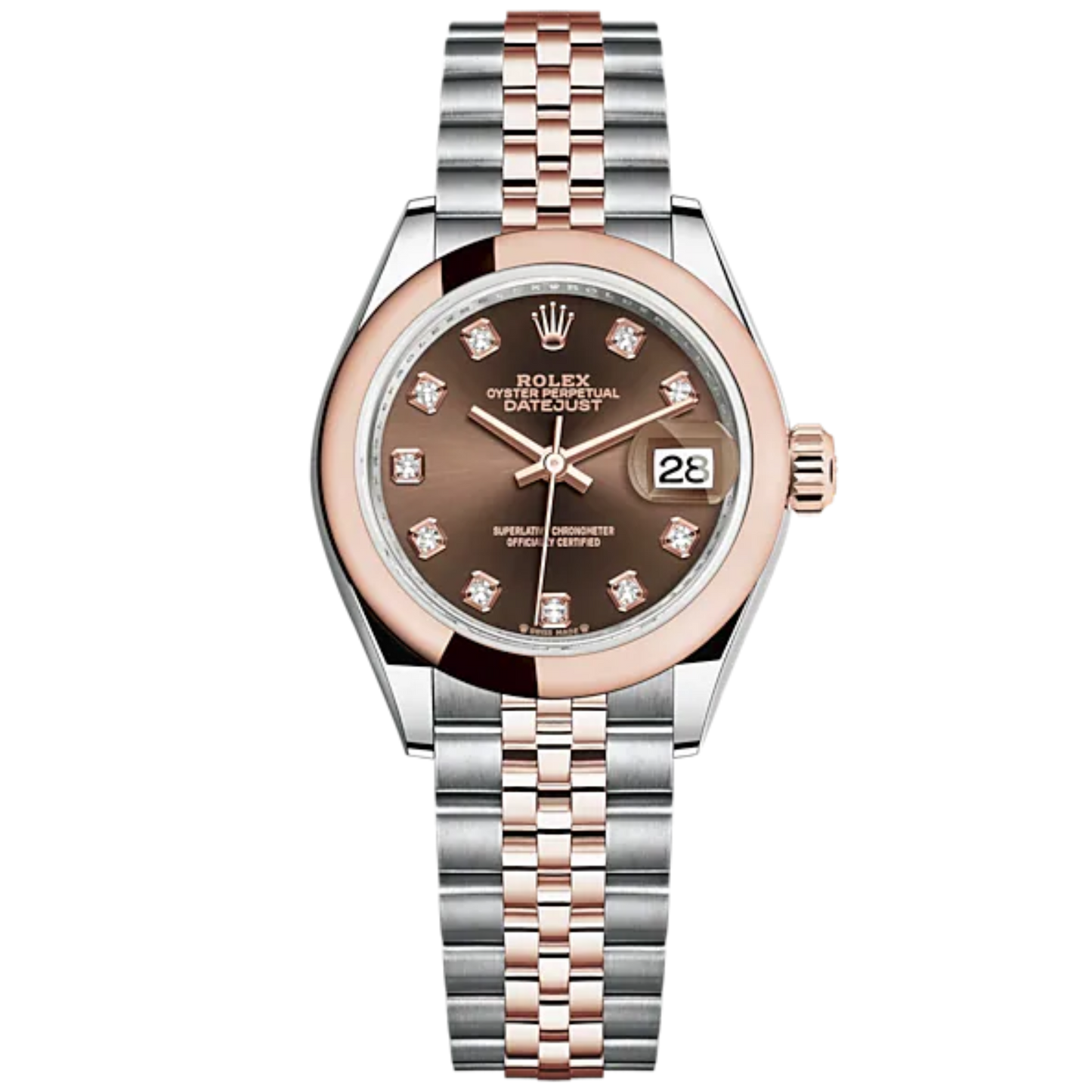 Lady-DateJust 28mm Oystersteel Jubilee Bracelet and Everose Gold with Chocolate Dial Diamond-Set Dial Domed Bezel