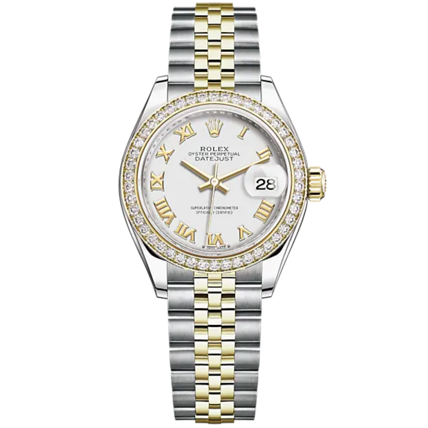 Lady-DateJust 28mm Oystersteel Jubilee Bracelet and Yellow Gold with White Dial Diamond-Set Bezel