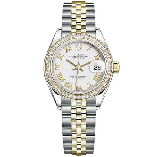 Lady-DateJust 28mm Oystersteel Jubilee Bracelet and Yellow Gold with White Dial Diamond-Set Bezel