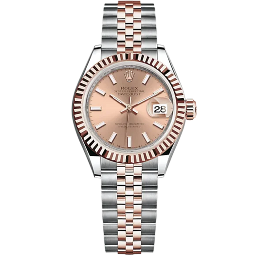Lady-DateJust 28mm Oystersteel Jubilee Bracelet and Everose Gold with Rosé-Colour Dial Fluted Bezel