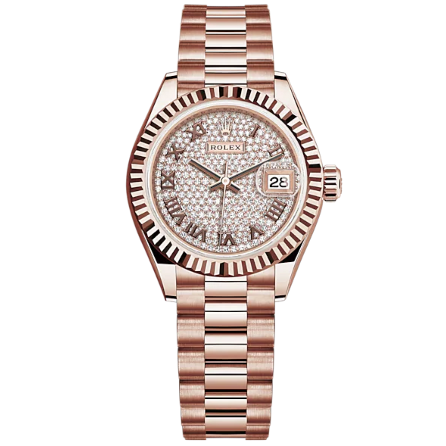 Lady-DateJust 28mm President Bracelet and 18 KT Everose Gold with Diamond-Paved Dial Fluted Bezel