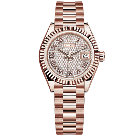Lady-DateJust 28mm President Bracelet and 18 KT Everose Gold with Diamond-Paved Dial Fluted Bezel