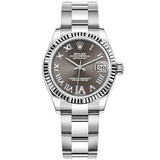 Datejust 31 31mm Oyster Bracelet Oystersteel and White Gold Dark Grey Diamond Dial Fluted Bezel