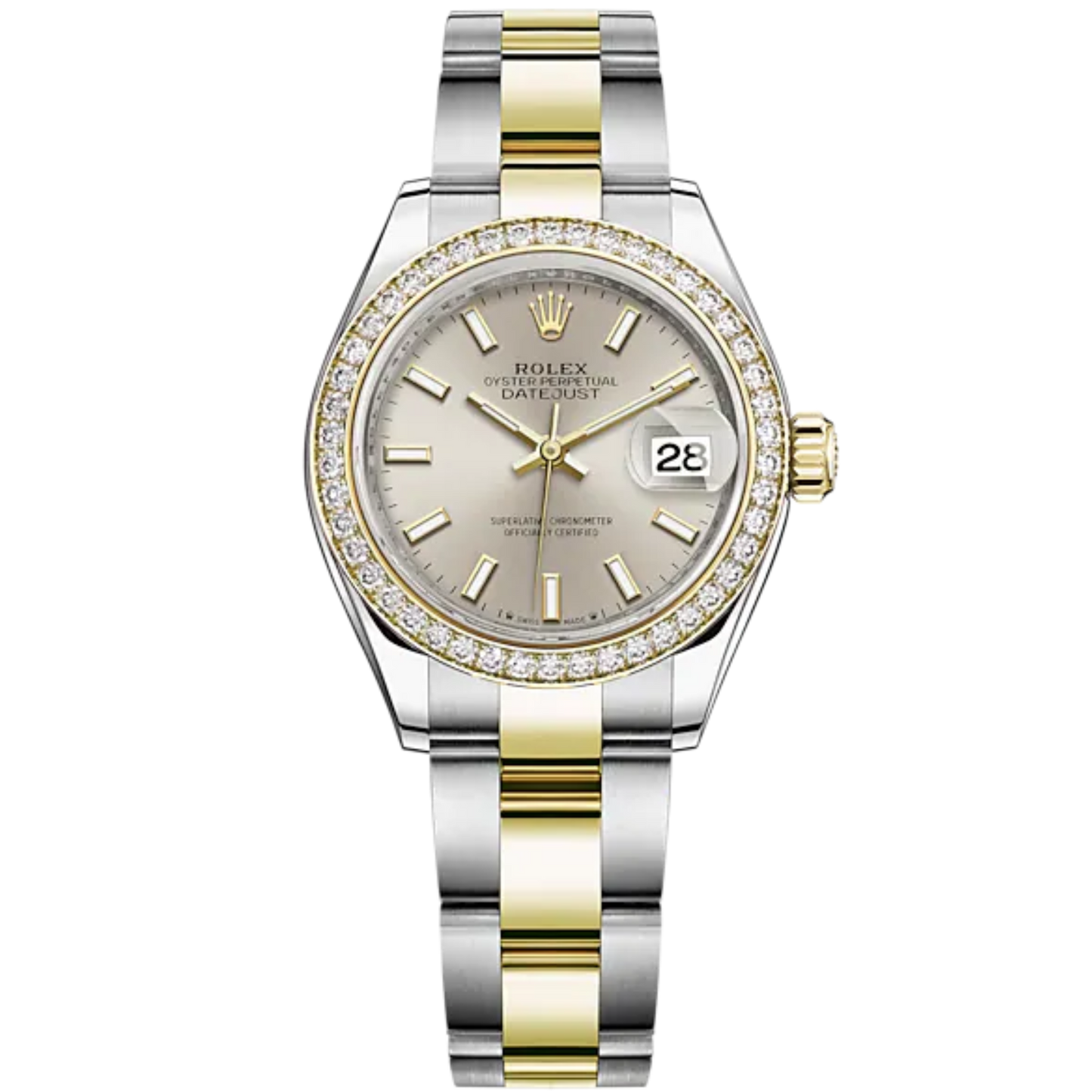 Lady-DateJust 28mm Oyster Oystersteel Bracelet and Yellow Gold with Silver Dial Diamond-Set Bezel