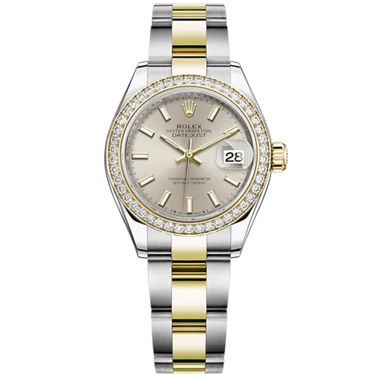 Lady-DateJust 28mm Oyster Oystersteel Bracelet and Yellow Gold with Silver Dial Diamond-Set Bezel