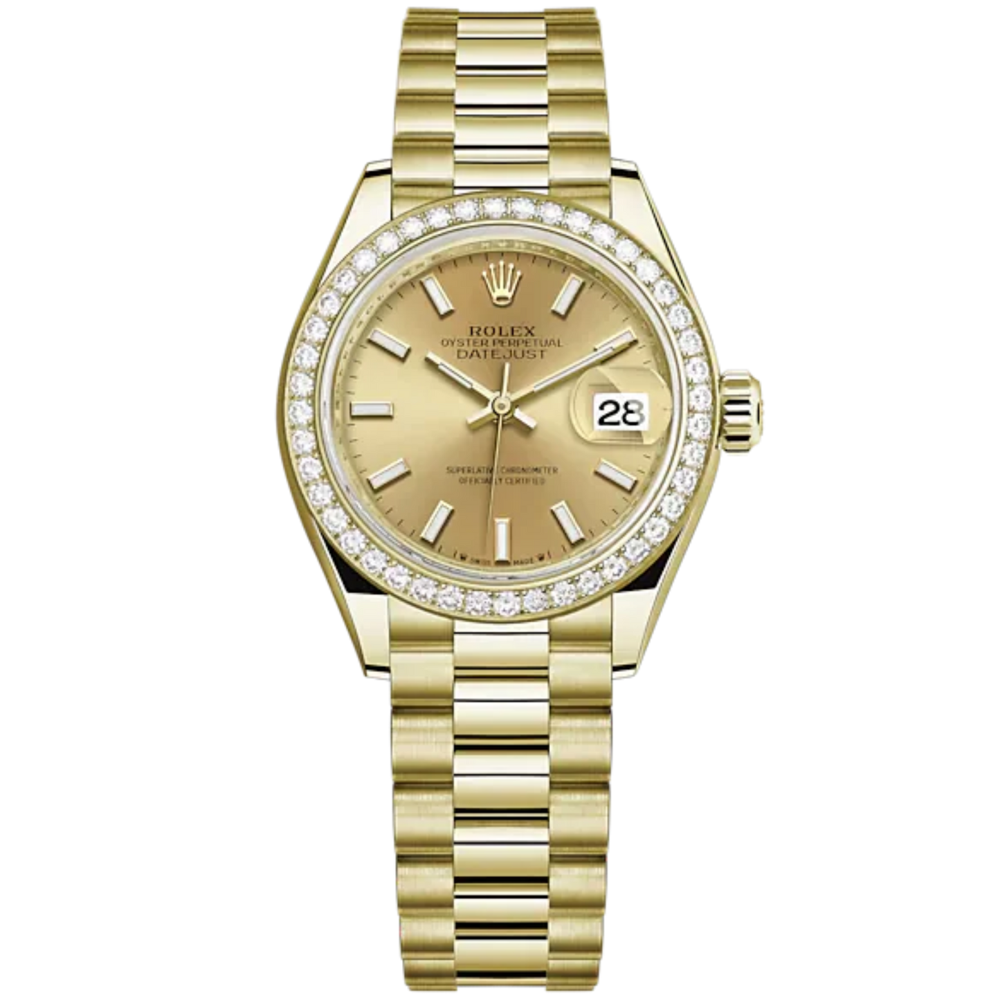 Lady-DateJust 28mm President Bracelet and 18 KT Yellow Gold with Champagne-Colour Dial Diamond-Set Bezel