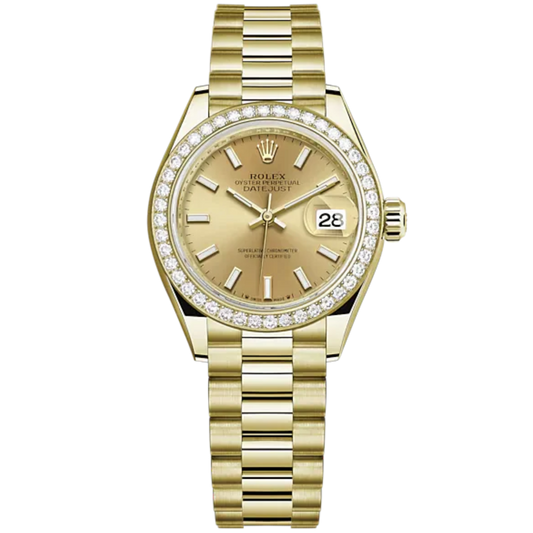 Lady-DateJust 28mm President Bracelet and 18 KT Yellow Gold with Champagne-Colour Dial Diamond-Set Bezel