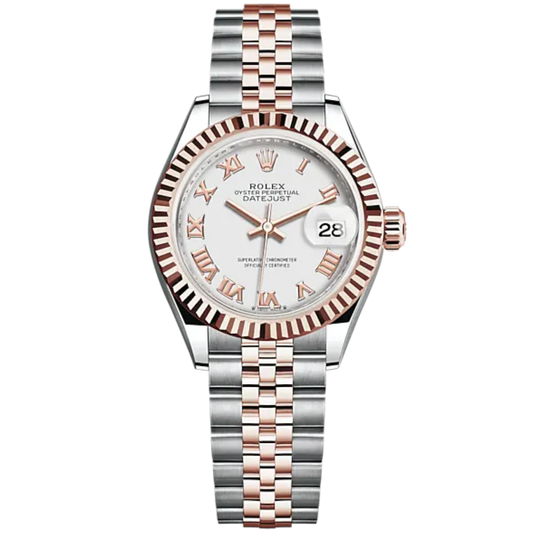 Lady-DateJust 28mm Oystersteel Jubilee Bracelet and Everose Gold with White Dial Fluted Bezel