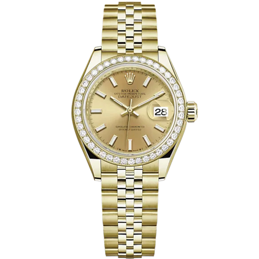 Lady-DateJust 28mm Jubilee Bracelet and 18 KT Yellow Gold with Champagne-Colour Dial Diamond-Set Bezel