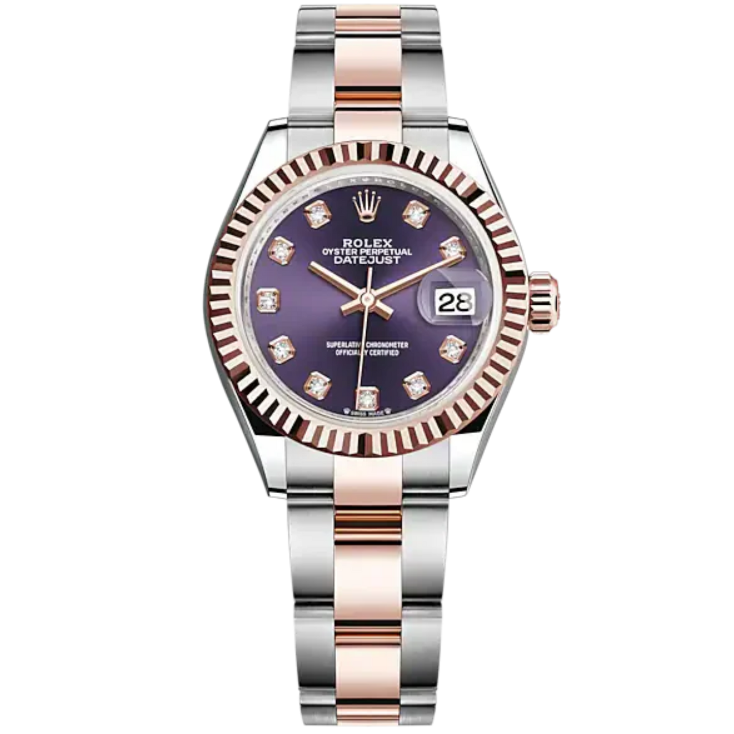 Lady-DateJust 28mm Oyster Oystersteel Bracelet and Everose Gold with Aubergine Dial Dial Diamond-Set Dial Fluted Bezel