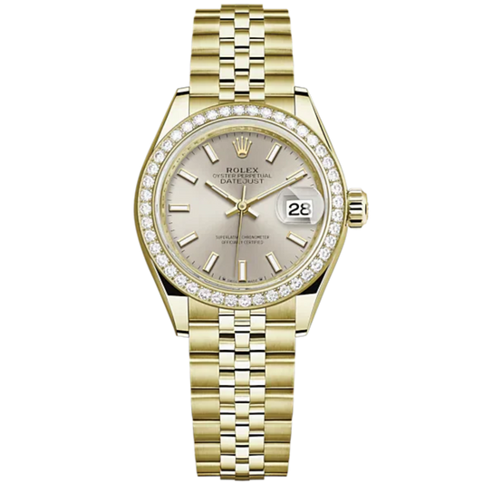 Lady-DateJust 28mm Jubilee Bracelet and 18 KT Yellow Gold with Silver Dial Diamond-Set Bezel