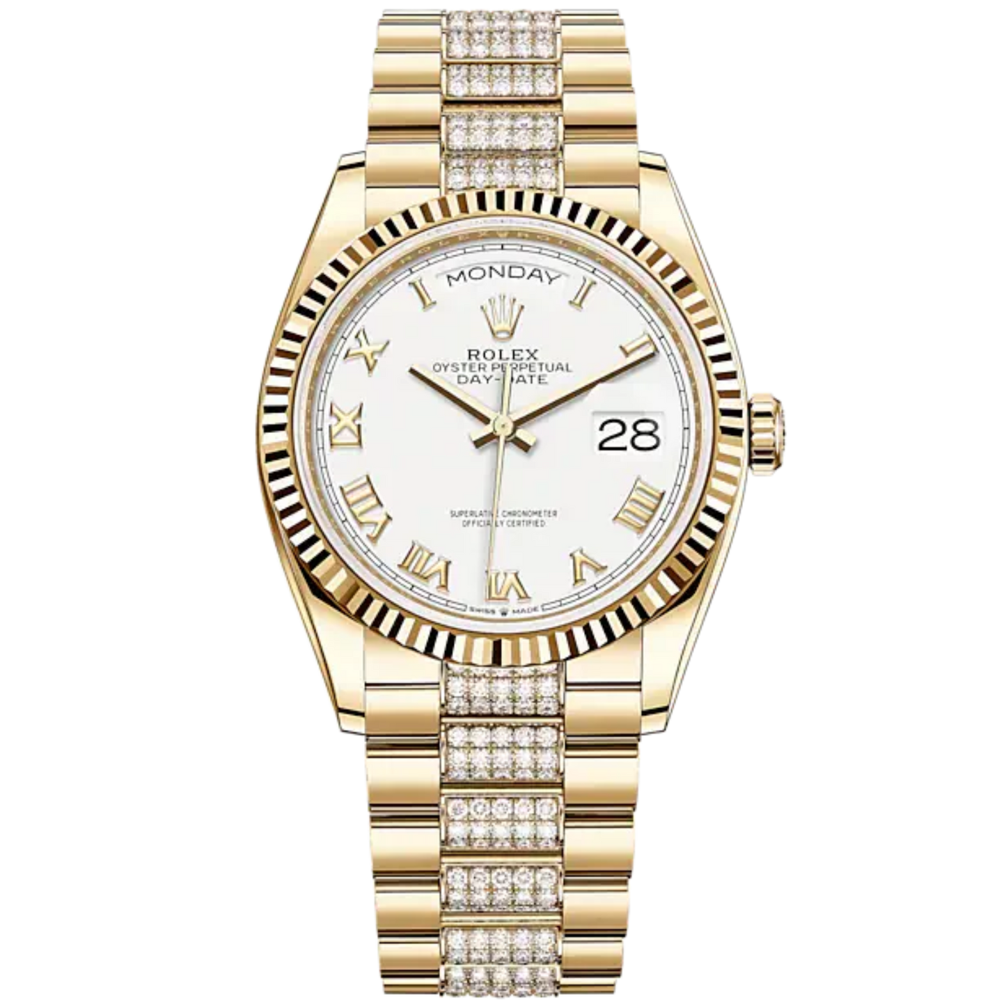 Day-Date 36 36mm President Bracelet and 18 KT Yellow Gold with White Dial Fluted Bezel and Diamond-Set President Bracelet