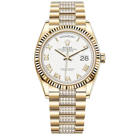 Day-Date 36 36mm President Bracelet and 18 KT Yellow Gold with White Dial Fluted Bezel and Diamond-Set President Bracelet