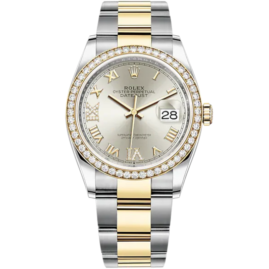 Datejust 36 36mm Oyster Bracelet Oystersteel and Yellow Gold with Silver Dial Diamond-Set Dial Diamond-Set Bezel