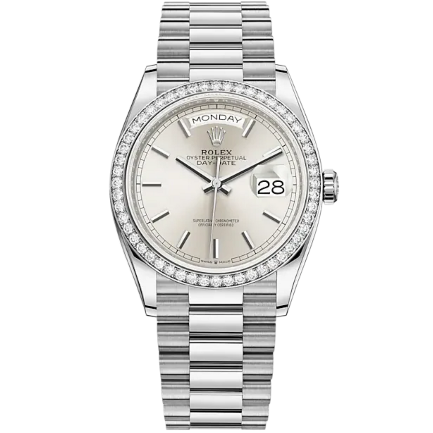 Day-Date 36 36mm President Bracelet and 18 KT White Gold with Silver Dial Diamond-Set Bezel