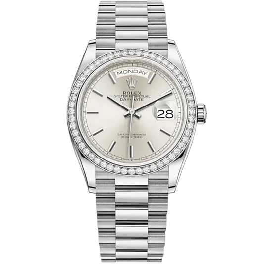 Day-Date 36 36mm President Bracelet and 18 KT White Gold with Silver Dial Diamond-Set Bezel