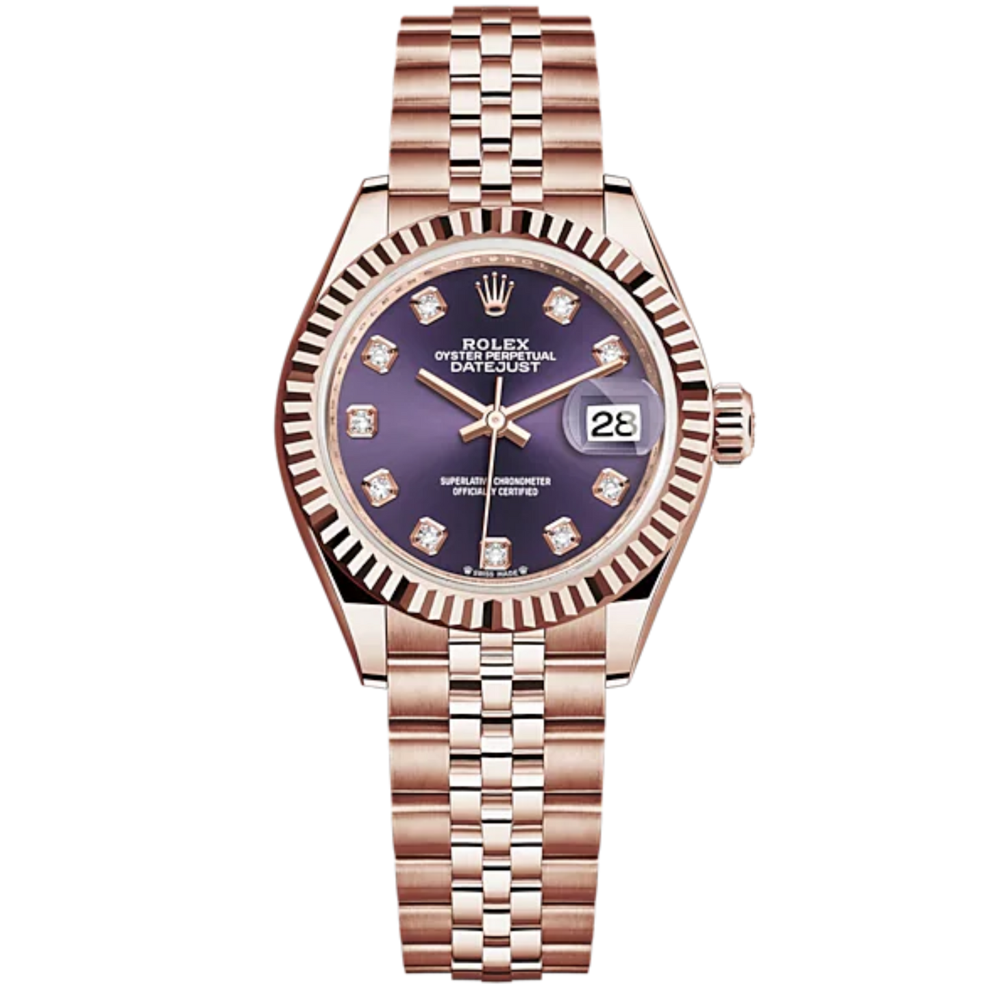 Lady-DateJust 28mm Jubilee Bracelet and 18 KT Everose Gold with Aubergine Dial Diamond-Set Dial Fluted Bezel