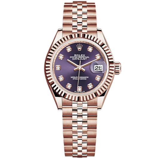 Lady-DateJust 28mm Jubilee Bracelet and 18 KT Everose Gold with Aubergine Dial Diamond-Set Dial Fluted Bezel