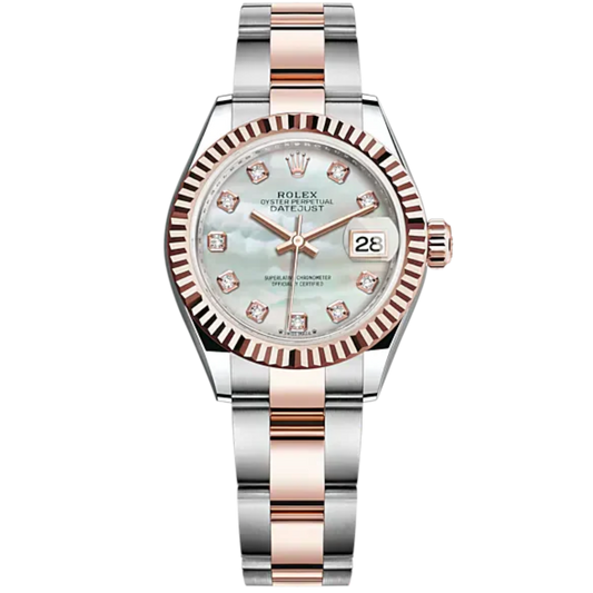 Lady-DateJust 28mm Oyster Oystersteel Bracelet and Everose Gold with White Mother-of-Pearl Dial Diamond-Set Dial Fluted Bezel