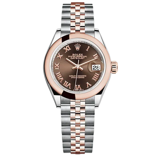 Lady-DateJust 28mm Oystersteel Jubilee Bracelet and Everose Gold with Chocolate Roman Dial Domed Bezel