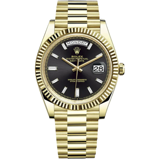 Rolex Day Date Ref. 228238A 40MM Yellow Gold Black Dial with Baguette Markers