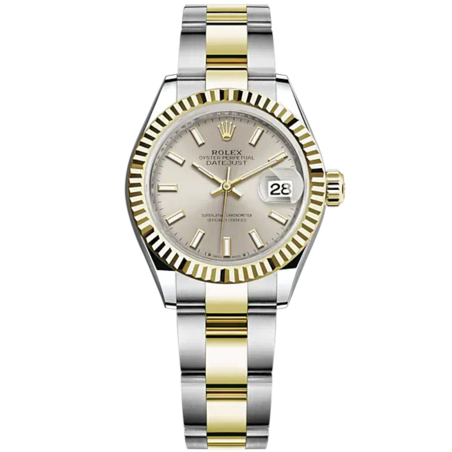 Lady-DateJust 28mm Oyster Oystersteel Bracelet and Yellow Gold with Silver Dial and Fluted Bezel