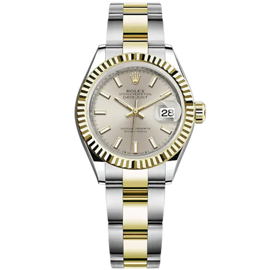 Lady-DateJust 28mm Oyster Oystersteel Bracelet and Yellow Gold with Silver Dial and Fluted Bezel
