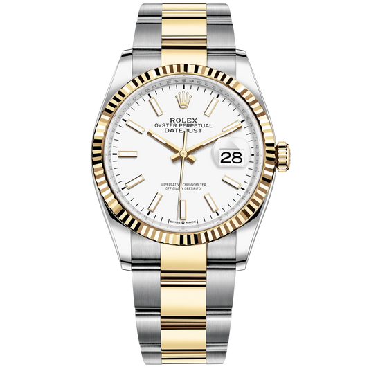 Datejust 36 36mm Oystersteel Bracelet and Yellow Gold with White Dial Fluted Fluted Bezel