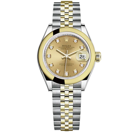 Lady-DateJust 28mm Oystersteel Jubilee Bracelet and Yellow Gold with Champagne-Colour Dial and Domed Bezel